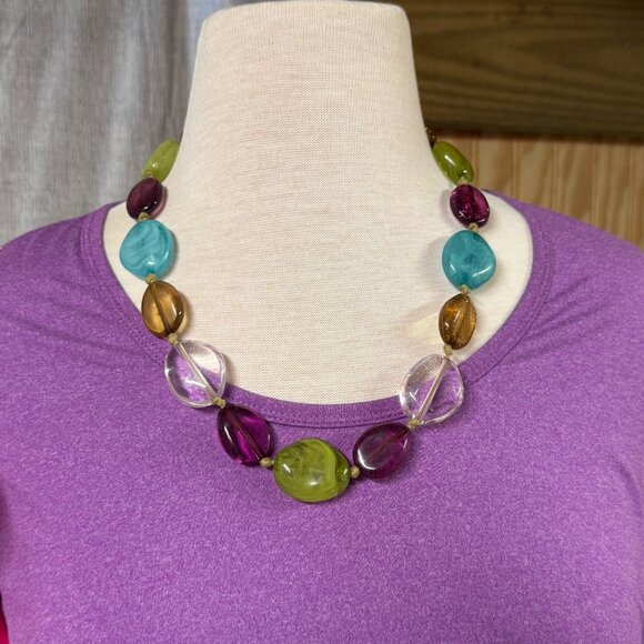 Colorful Chunky Beaded Necklace Multicolor Resin Beads & Adjustable Chain Length - Picture 4 of 16